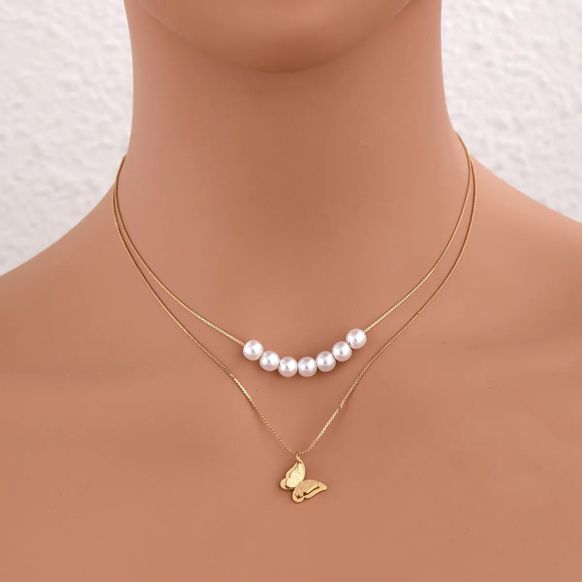 Elegant Lady Classic Style Butterfly Imitation Pearl Plating 18K Gold Plated Women'S Double Layer Necklaces