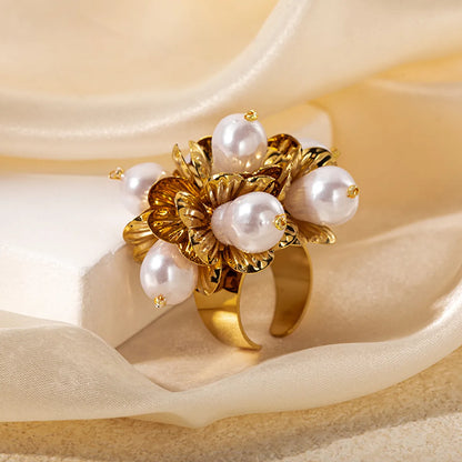 Wholesale Jewelry Elegant Lady Classic Style Flower 304 Stainless Steel Pearl 14K Gold Plated Plating Inlay Open Rings