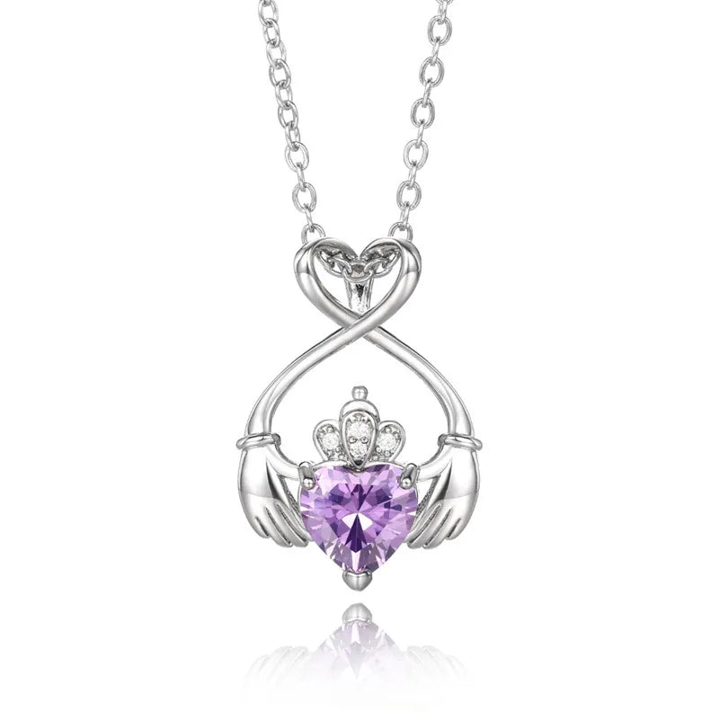 Elegant Lady Classic Style Hand Heart Shape Crown Copper Inlay Zircon Pendant Necklace