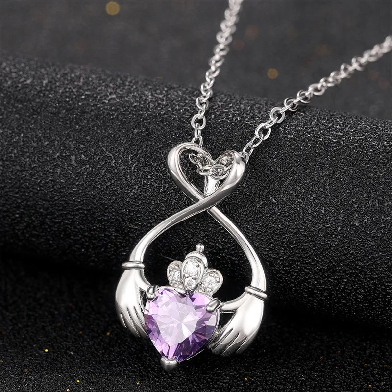 Elegant Lady Classic Style Hand Heart Shape Crown Copper Inlay Zircon Pendant Necklace