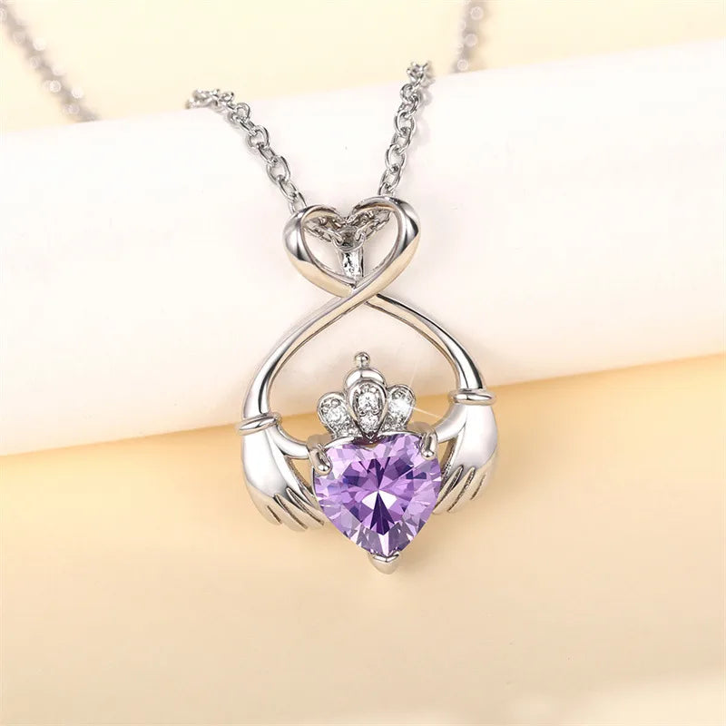 Elegant Lady Classic Style Hand Heart Shape Crown Copper Inlay Zircon Pendant Necklace