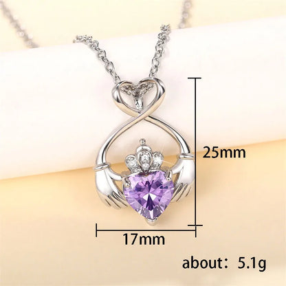 Elegant Lady Classic Style Hand Heart Shape Crown Copper Inlay Zircon Pendant Necklace