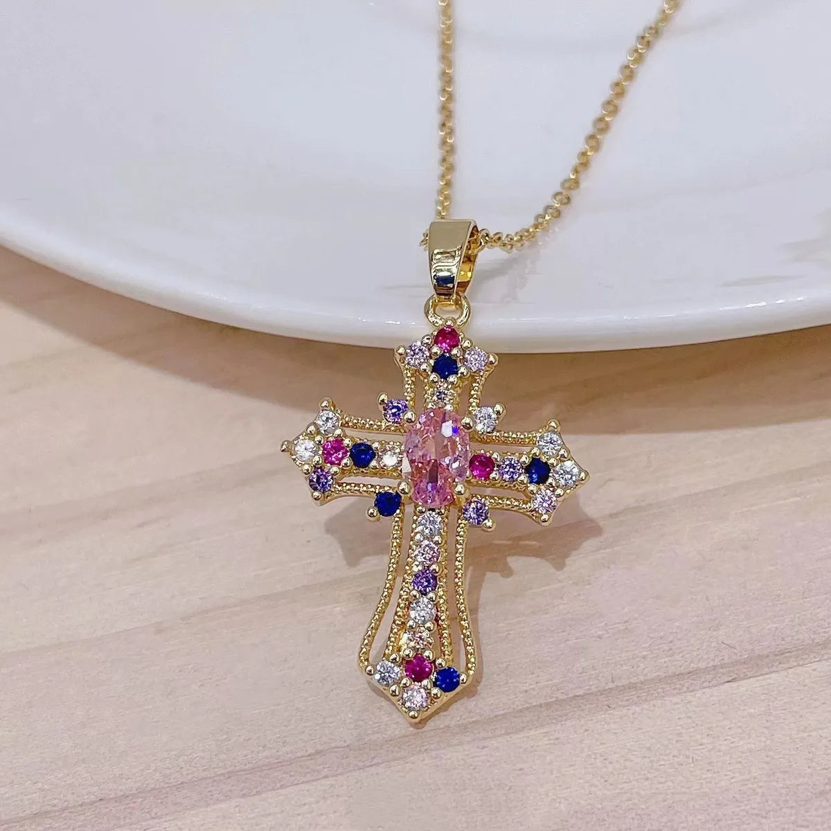 Elegant Lady Cross Alloy Plating Inlay Zircon Women's Pendant Necklace