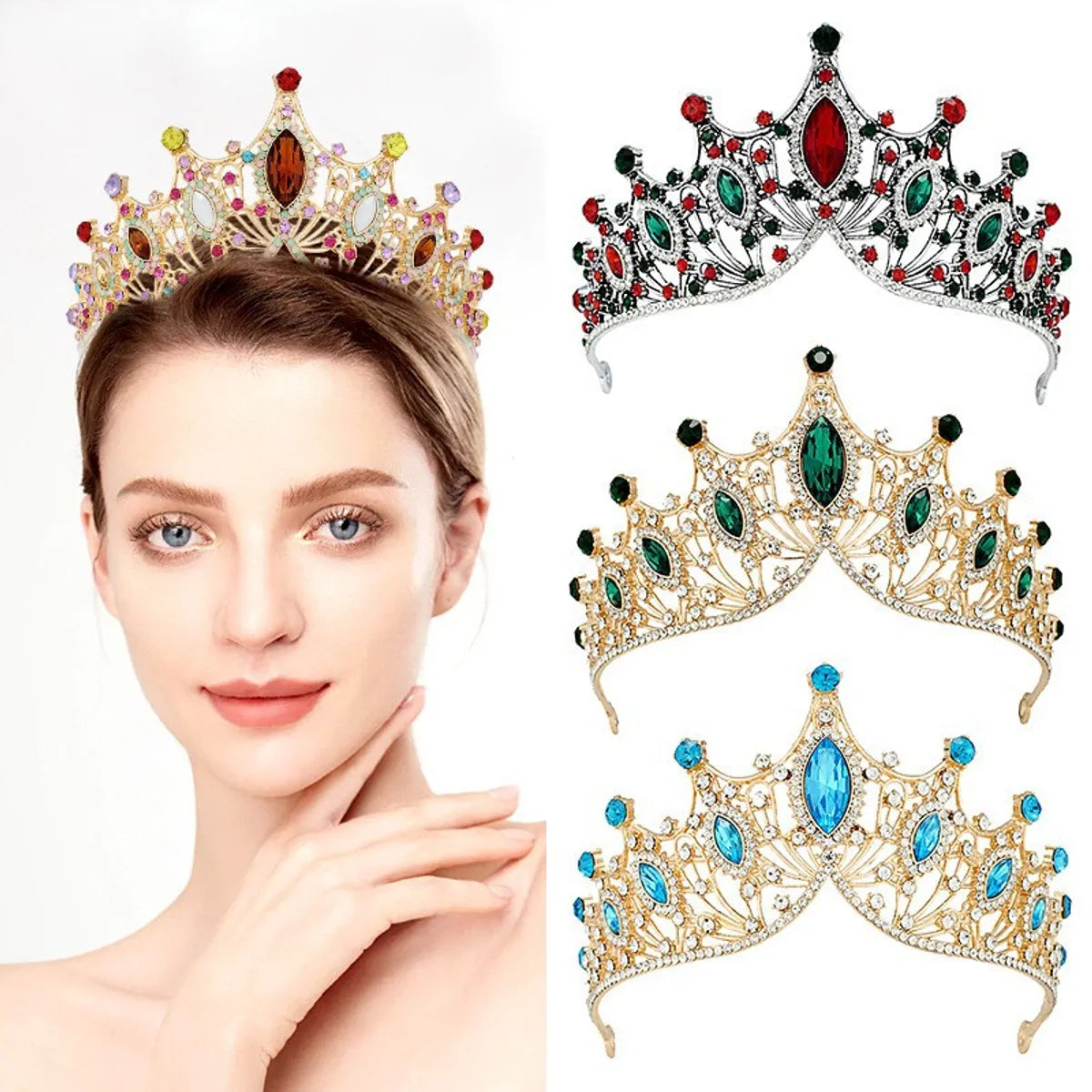 Elegant Lady Crown Alloy Plating Inlay Artificial Gemstones Crown