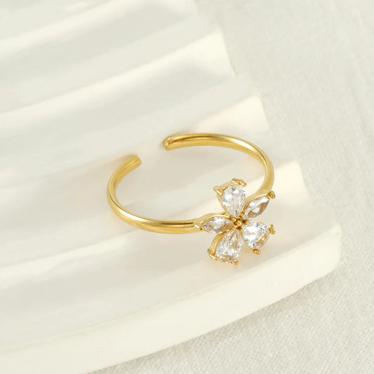 Elegant Lady Flower Stainless Steel Plating Inlay Zircon 18k Gold Plated Open Rings