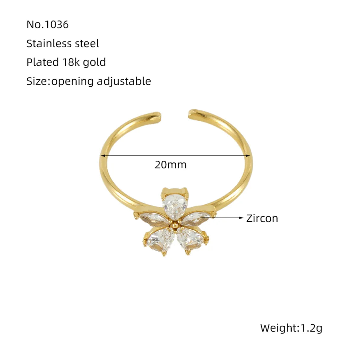 Elegant Lady Flower Stainless Steel Plating Inlay Zircon 18k Gold Plated Open Rings