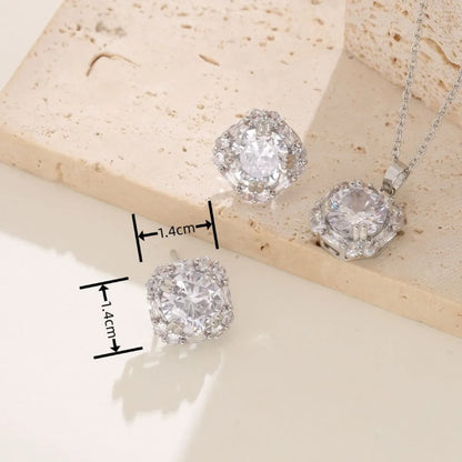 Elegant Lady Geometric Copper Inlay Zircon White Gold Plated Earrings Necklace