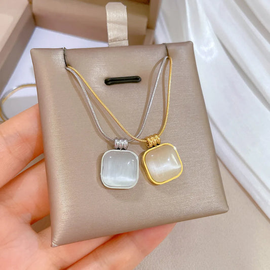 Elegant Lady Geometric Square Titanium Steel Plating Inlay Opal Pendant Necklace