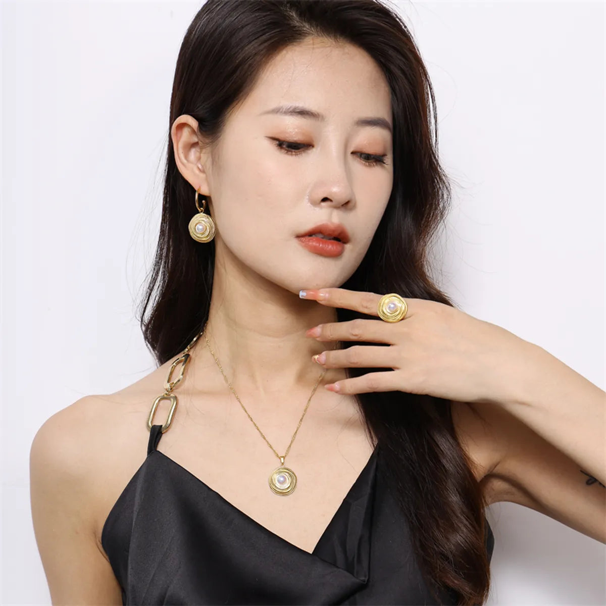 Wholesale Jewelry Elegant Lady Geometric 304 Stainless Steel Pearl 18K Gold Plated Plating Inlay Rings Earrings Necklace