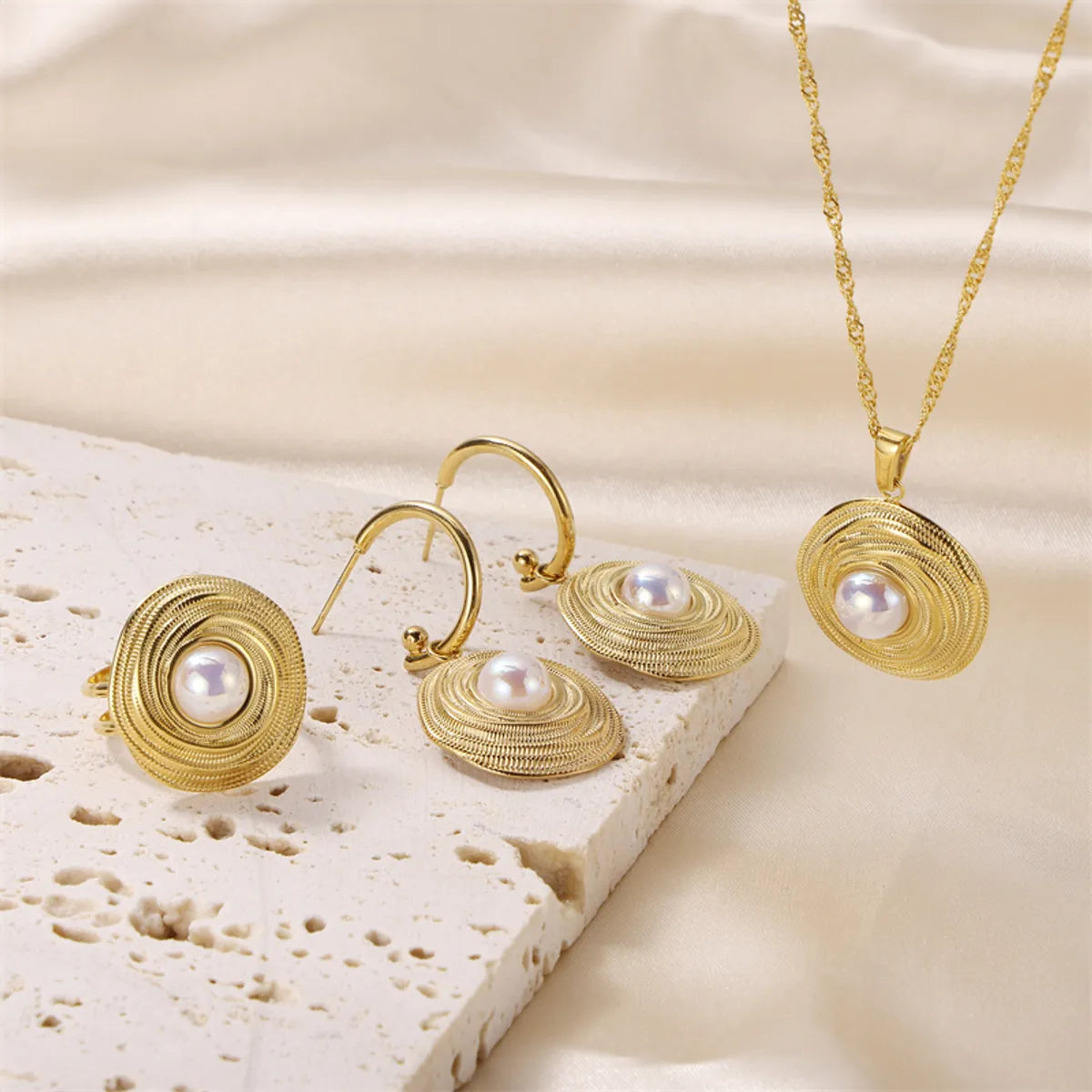 Wholesale Jewelry Elegant Lady Geometric 304 Stainless Steel Pearl 18K Gold Plated Plating Inlay Rings Earrings Necklace