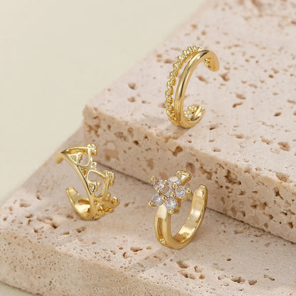 Elegant Lady Heart Shape Crown Copper Plating Inlay Zircon Gold Plated Ear Cuffs