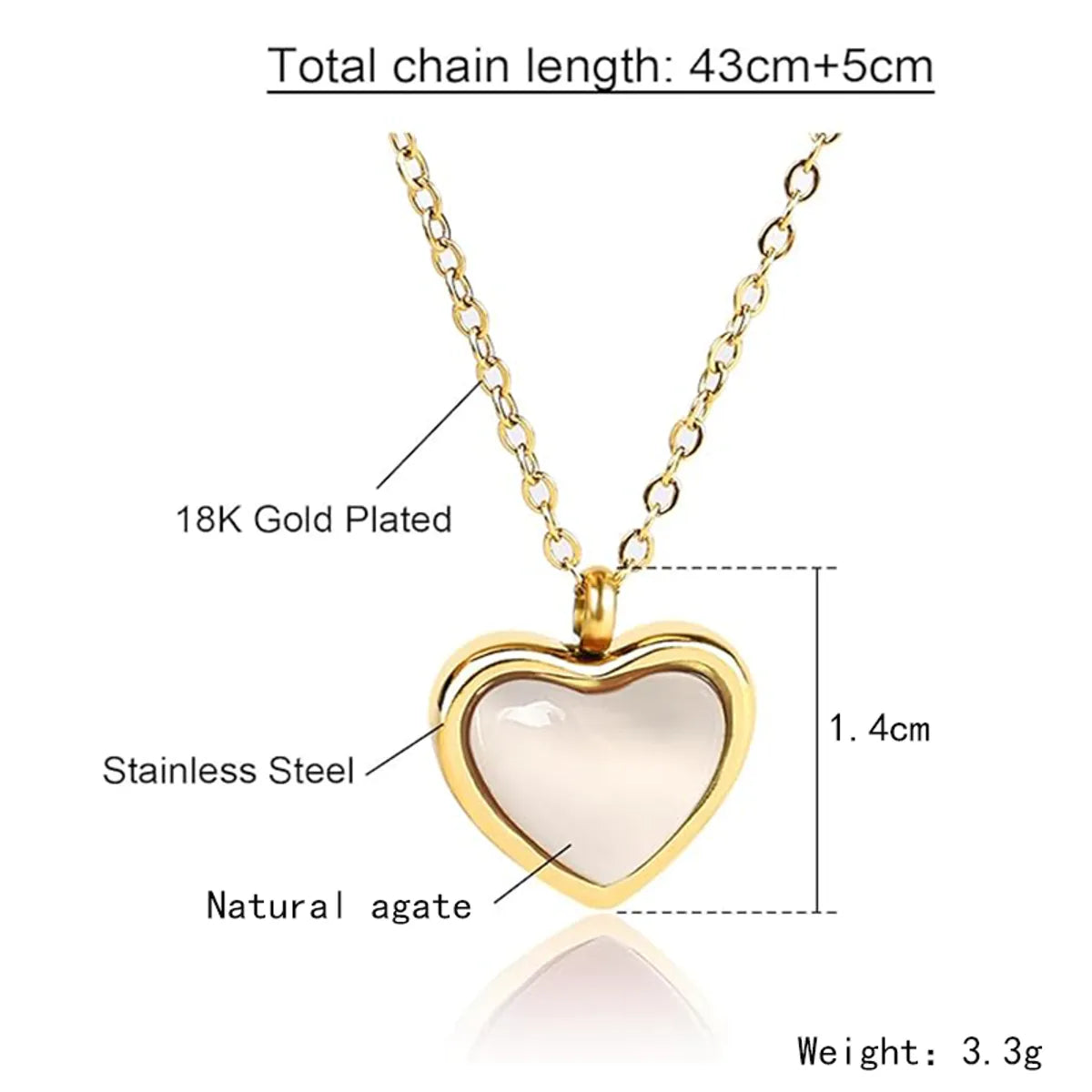 Elegant Lady Heart Shape Stainless Steel Plating Inlay Agate 18k Gold Plated Pendant Necklace