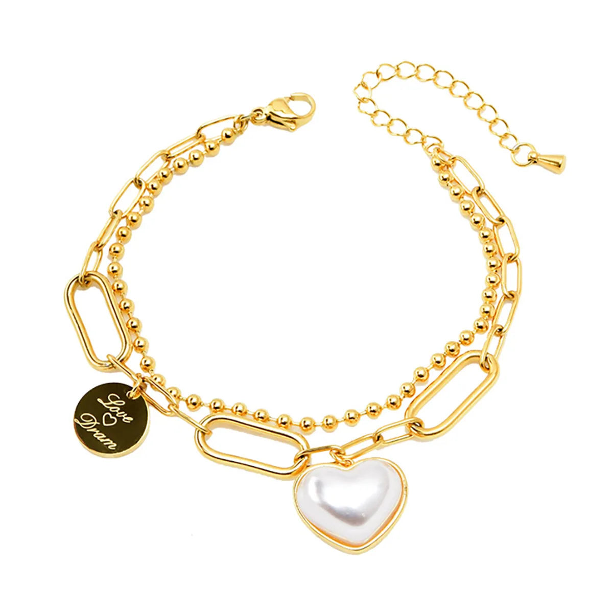 Elegant Lady Heart Shape Titanium Steel Plating Inlay Pearl 18k Gold Plated Bracelets