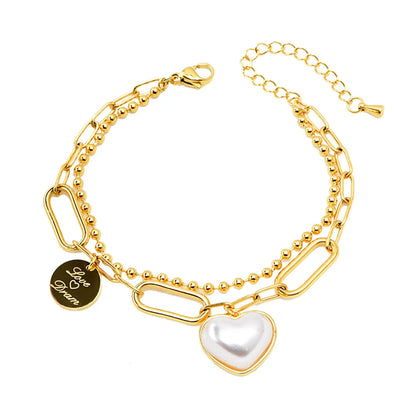 Elegant Lady Heart Shape Titanium Steel Plating Inlay Pearl 18k Gold Plated Bracelets