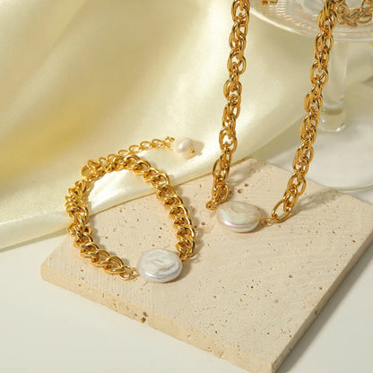 Wholesale Elegant Lady Round Stainless Steel Freshwater Pearl Plating 18k Gold Plated Bracelets Necklace