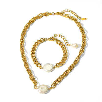 Wholesale Elegant Lady Round Stainless Steel Freshwater Pearl Plating 18k Gold Plated Bracelets Necklace