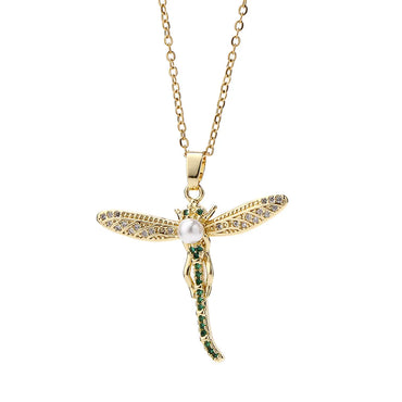 Elegant Lady Simple Style Dragonfly Copper Plating Inlay Artificial Pearls Zircon Pendant Necklace