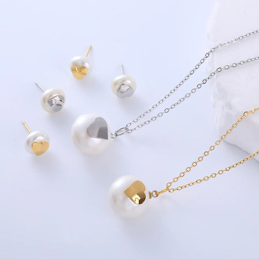 Elegant Lady Simple Style Geometric Stainless Steel Plating Inlay Pearl 18k Gold Plated Earrings Necklace