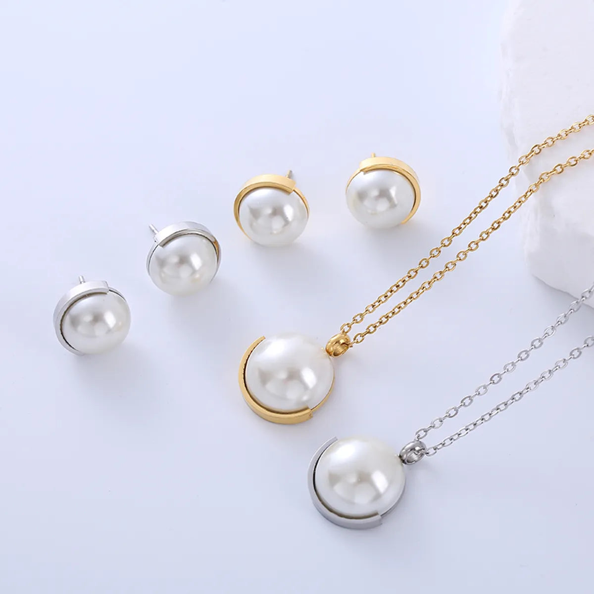 Elegant Lady Simple Style Geometric Stainless Steel Plating Inlay Pearl 18k Gold Plated Earrings Necklace