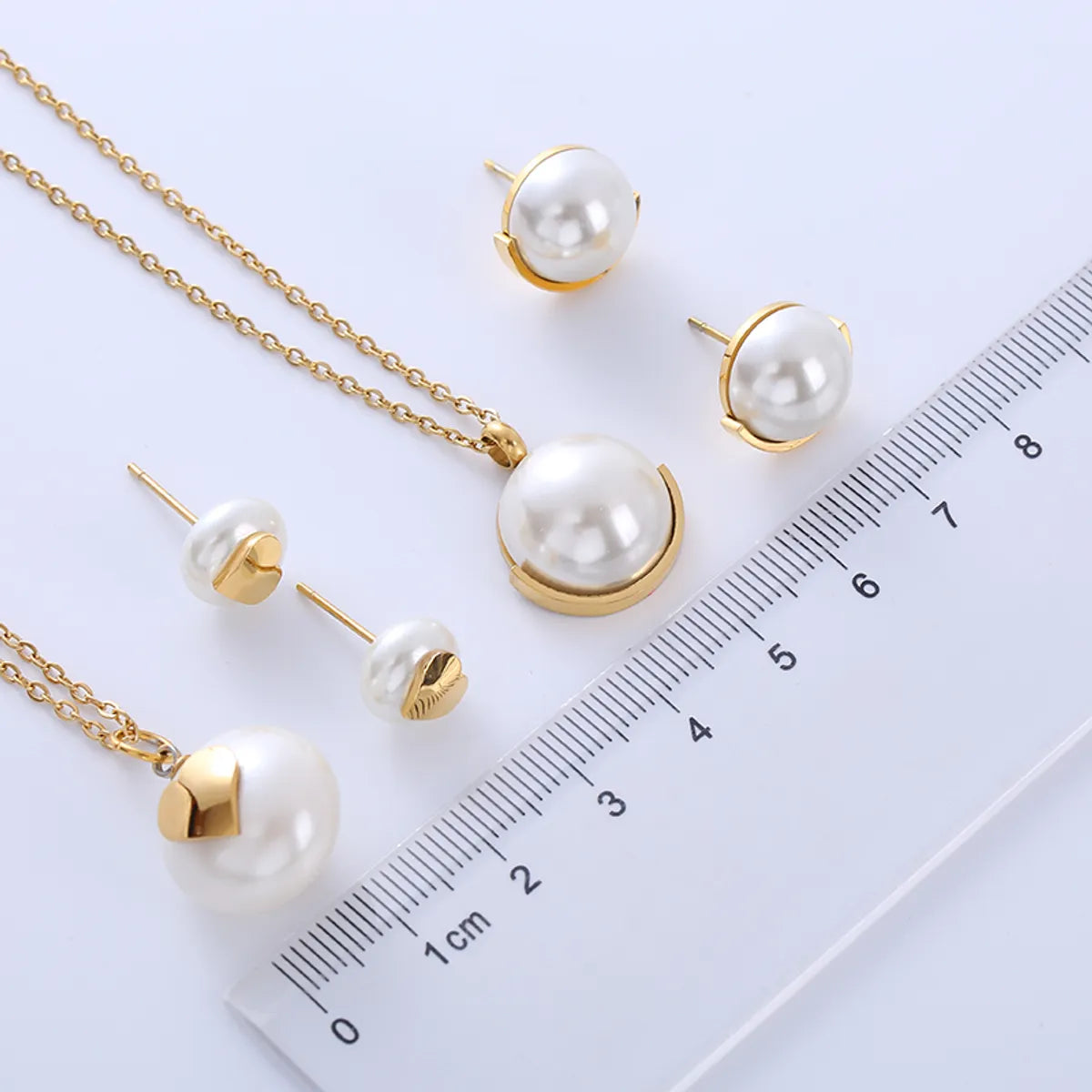 Elegant Lady Simple Style Geometric Stainless Steel Plating Inlay Pearl 18k Gold Plated Earrings Necklace