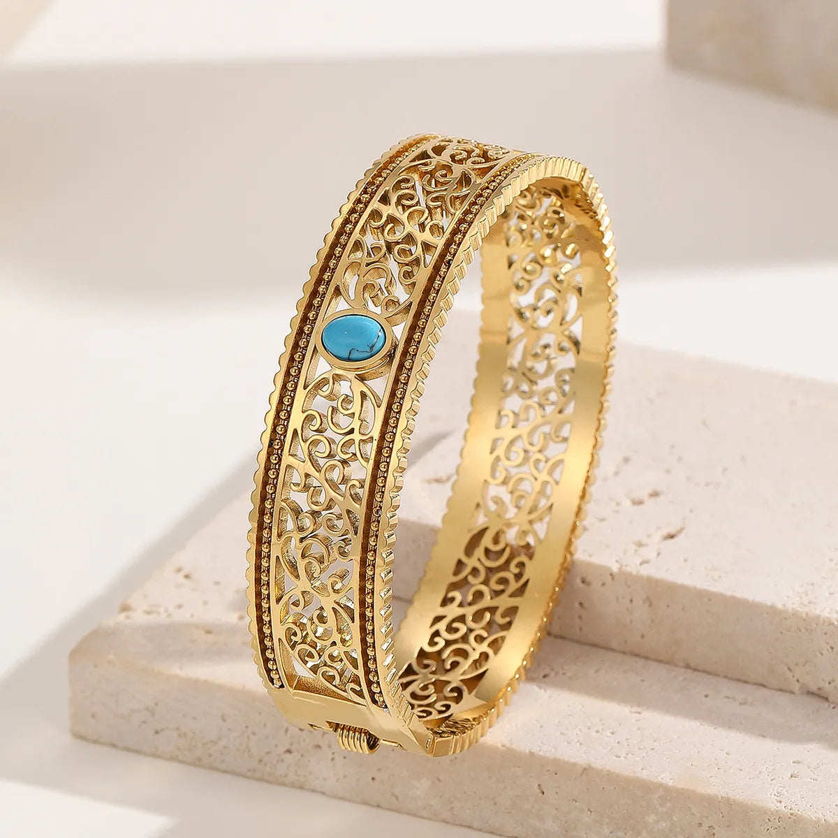 Elegant Lady Streetwear Paisley Geometric Titanium Steel 18K Gold Plated Artificial Crystal Turquoise Bangle In Bulk