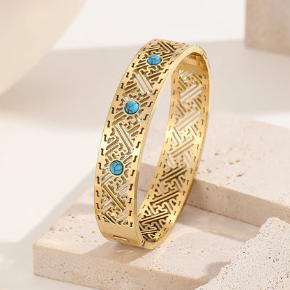 Elegant Lady Streetwear Paisley Geometric Titanium Steel 18K Gold Plated Artificial Crystal Turquoise Bangle In Bulk