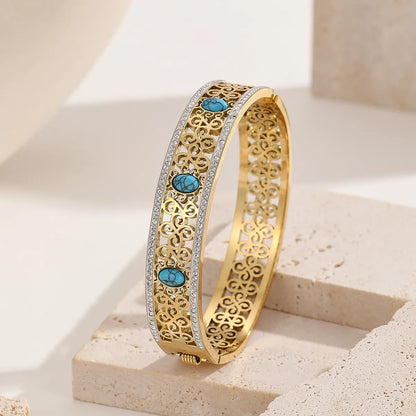 Elegant Lady Streetwear Paisley Geometric Titanium Steel 18K Gold Plated Artificial Crystal Turquoise Bangle In Bulk