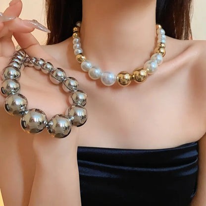 Elegant Lady Streetwear Round ABS Beaded Women'S Earrings Necklace Jewelry Set