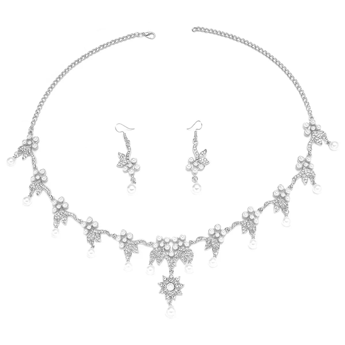 Elegant Leaf Alloy Hollow Out Rhinestones Silver Plated Unisex Earrings Necklace