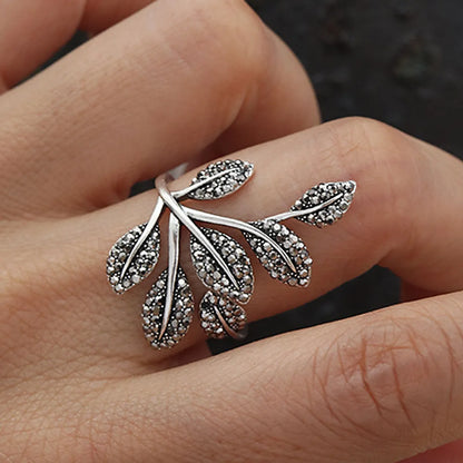 Antique Silver Elegant Leaf Inlay Zircon Open Rings