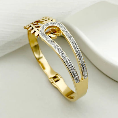 Elegant Leaves Stainless Steel Plating Inlay Rhinestones Gold Plated Bangle