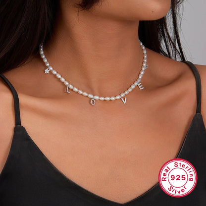 Elegant Letter Beaded Baroque Pearls Sterling Silver White Gold Plated Artificial Diamond Pearl Beads Choker In Bulk