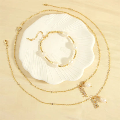 Elegant Letter Freshwater Pearl Copper Plating Inlay Zircon 18k Gold Plated Jewelry Set