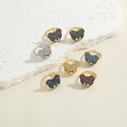 Elegant Luxurious Bear Copper 14k Gold Plated Zircon Rings In Bulk