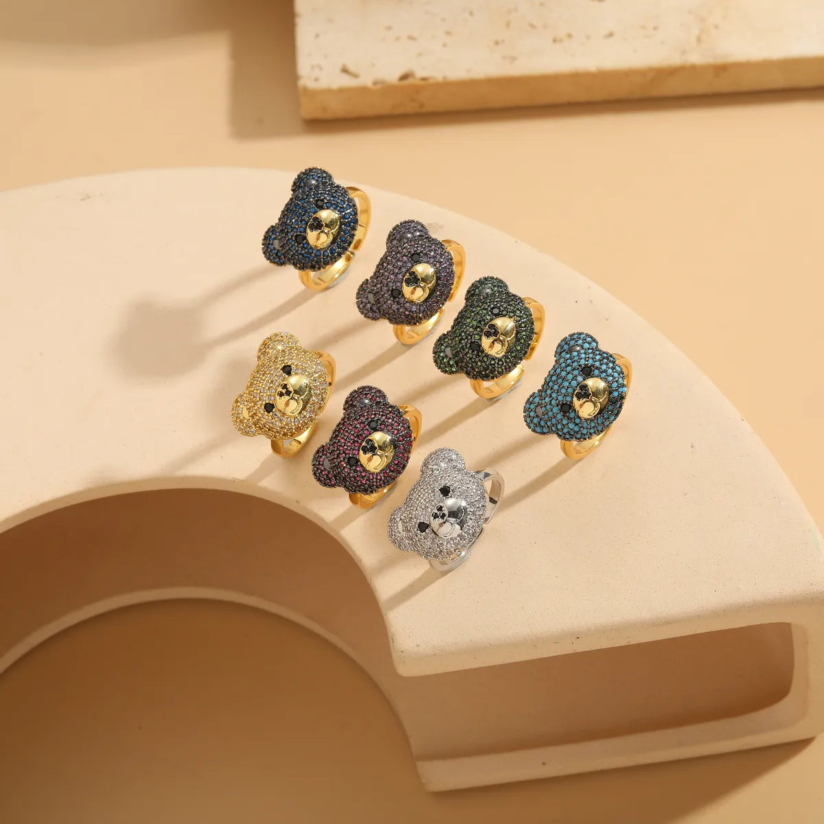 Elegant Luxurious Bear Copper 14k Gold Plated Zircon Rings In Bulk