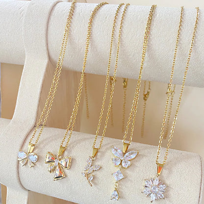 Elegant Luxurious Butterfly Stainless Steel Inlay Rhinestones Zircon Gold Plated Pendant Necklace