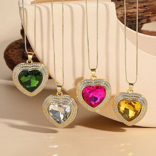 Elegant Luxurious Classic Style Heart Shape Copper Plating Inlay Zircon 14k Gold Plated Pendant Necklace