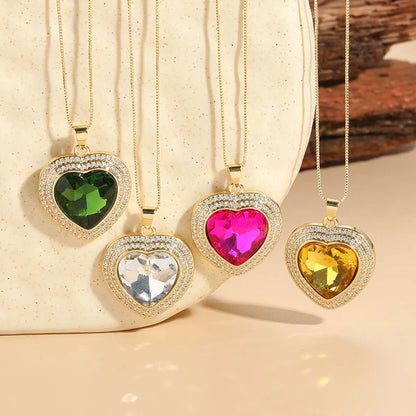 Elegant Luxurious Classic Style Heart Shape Copper Plating Inlay Zircon 14k Gold Plated Pendant Necklace