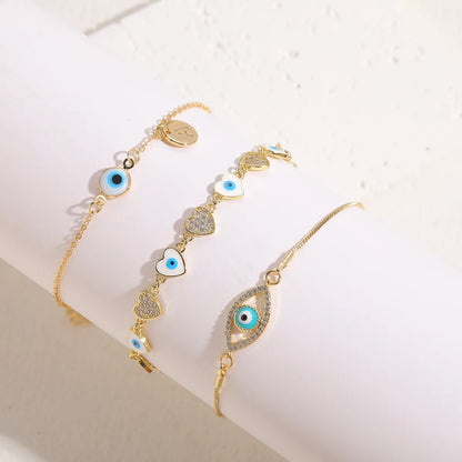 Elegant Luxurious Classic Style Heart Shape Eye Copper Enamel Plating Inlay Zircon 14k Gold Plated Bracelets