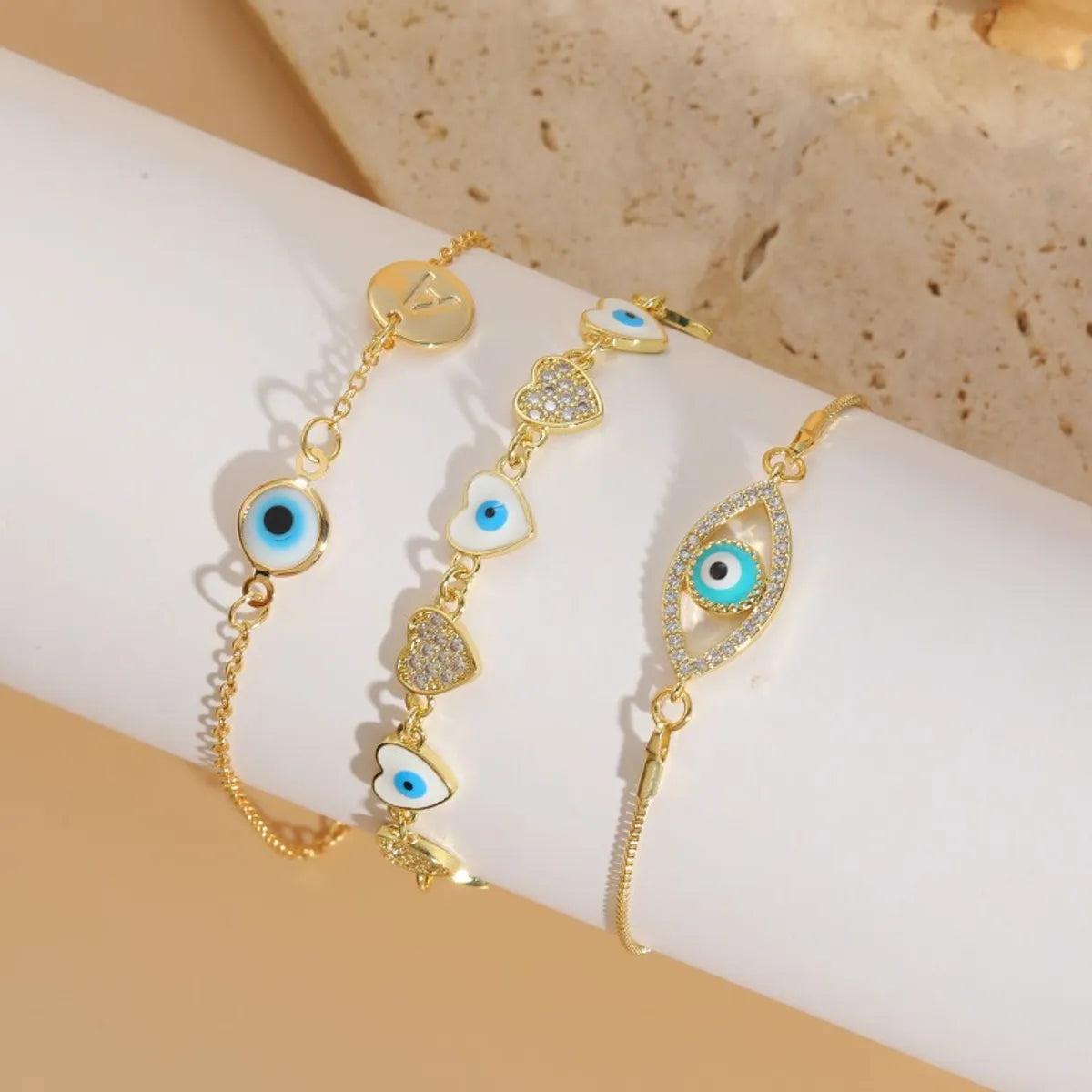 Elegant Luxurious Classic Style Heart Shape Eye Copper Enamel Plating Inlay Zircon 14k Gold Plated Bracelets