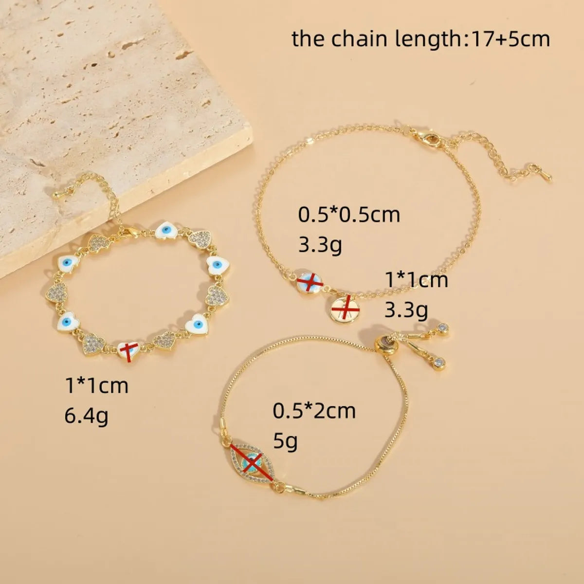 Elegant Luxurious Classic Style Heart Shape Eye Copper Enamel Plating Inlay Zircon 14k Gold Plated Bracelets