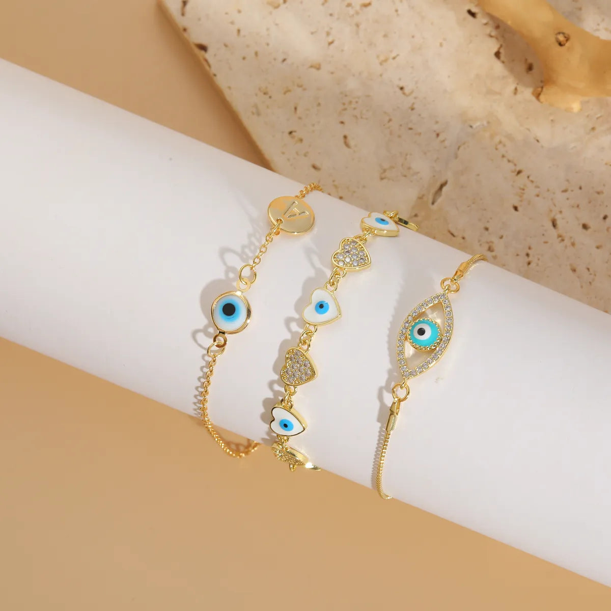 Elegant Luxurious Classic Style Heart Shape Eye Copper Enamel Plating Inlay Zircon 14k Gold Plated Bracelets