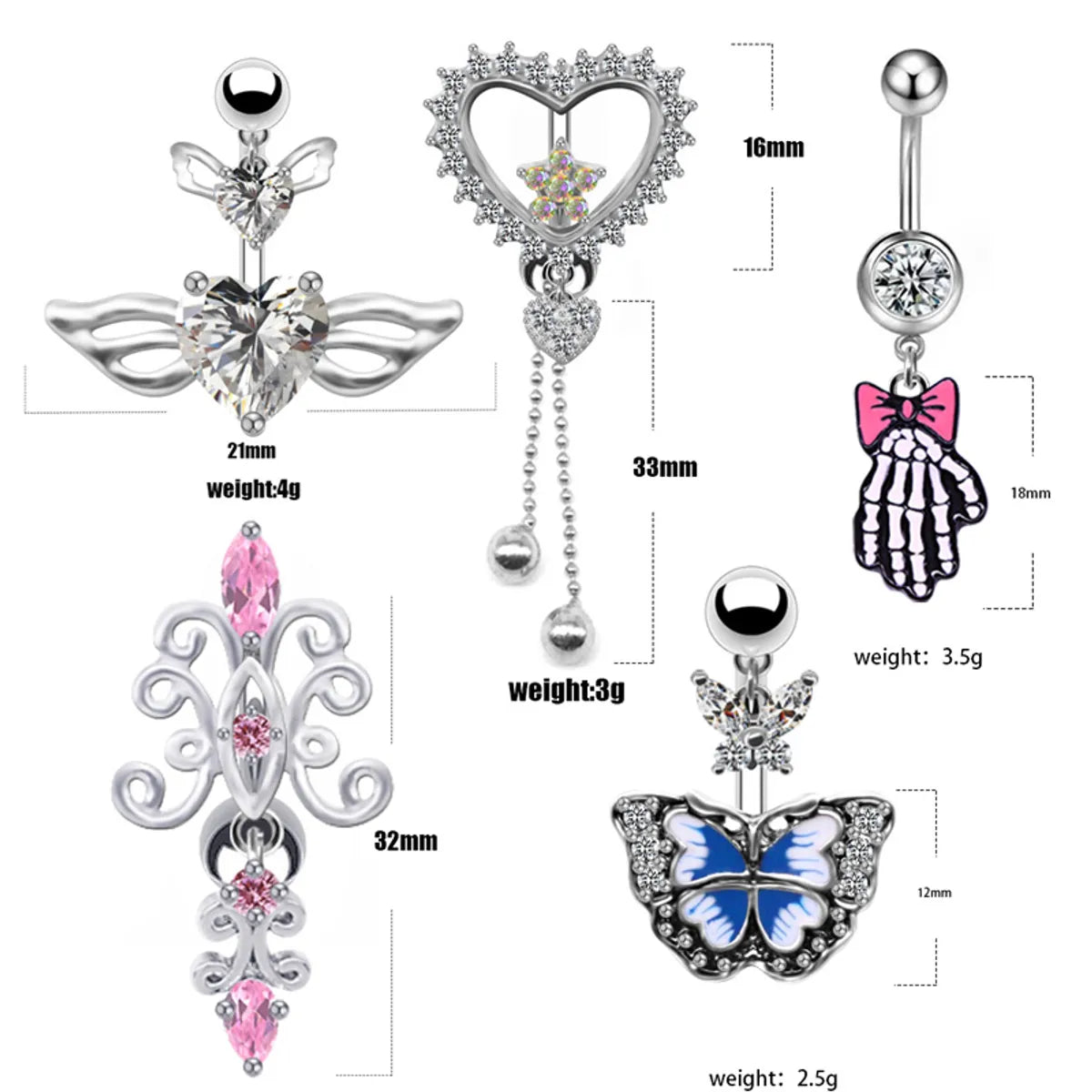 Elegant Luxurious Classic Style Heart Shape Wings Butterfly Stainless Steel White Gold Plated Rhinestones Glass Stone Zircon Belly Ring In Bulk