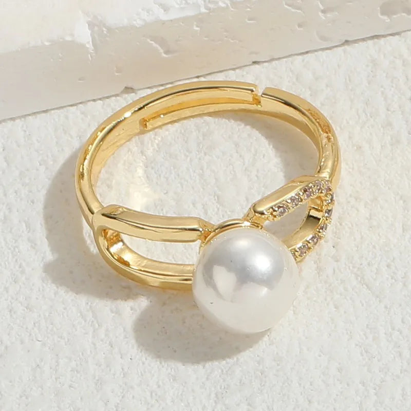 Elegant Luxurious Classic Style Moon Heart Shape Freshwater Pearl Copper 14k Gold Plated Zircon Rings In Bulk