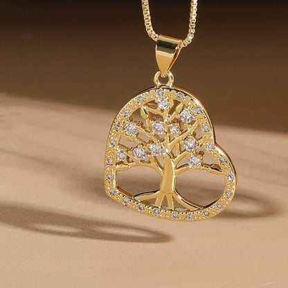 Elegant Luxurious Classic Style Portrait Tree Heart Shape Copper Plating Inlay Zircon 14k Gold Plated Pendant Necklace