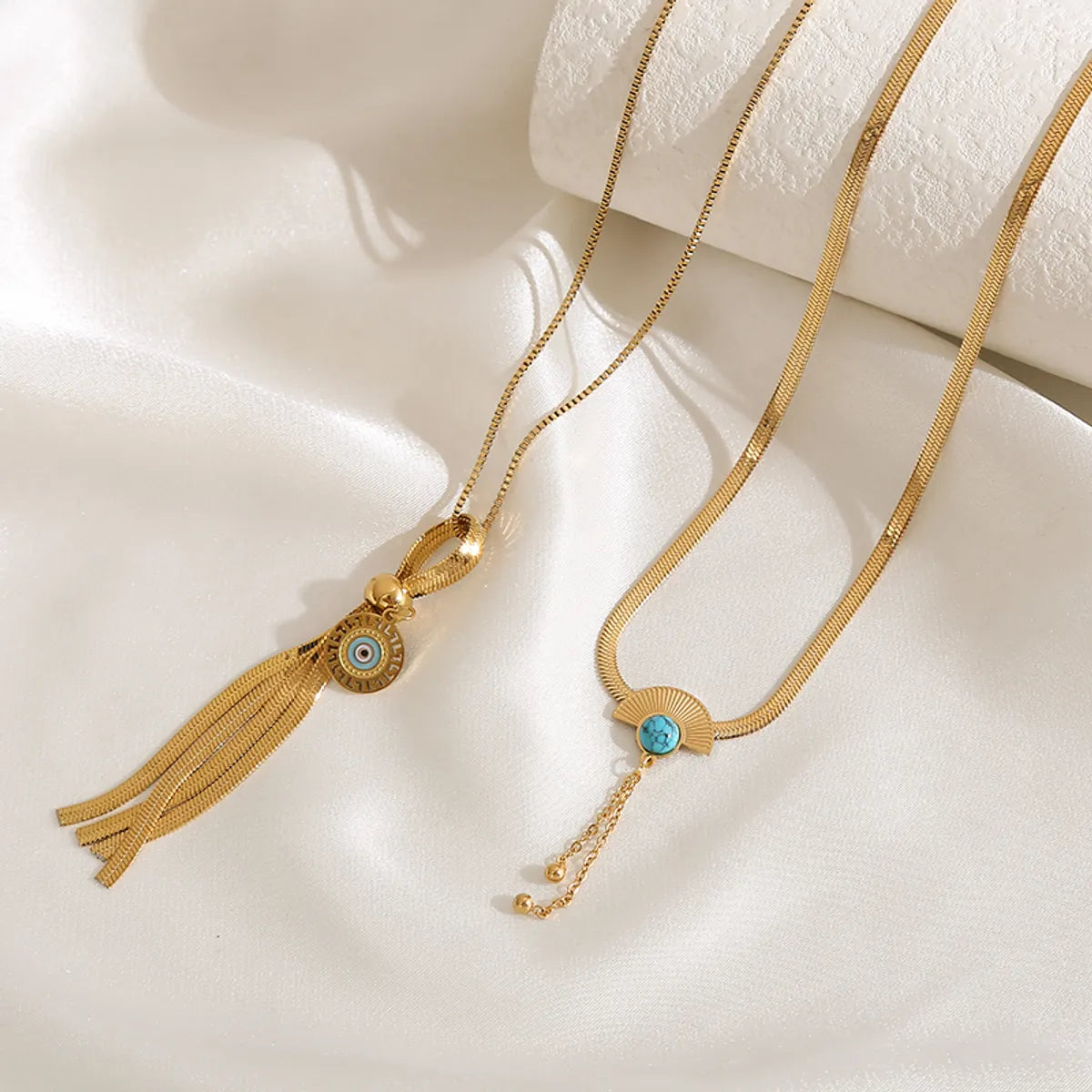 Elegant Luxurious Devil's Eye Sector Tassel Titanium Steel Plating Inlay Turquoise Gold Plated Pendant Necklace