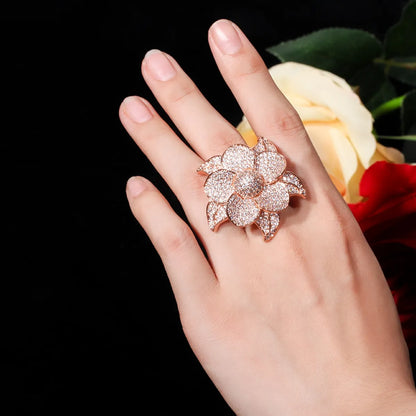 Elegant Luxurious Flower Copper Plating Inlay Zircon 14k Gold Plated Gold Plated Rhodium Plated Rings