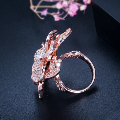 Elegant Luxurious Flower Copper Plating Inlay Zircon 14k Gold Plated Gold Plated Rhodium Plated Rings