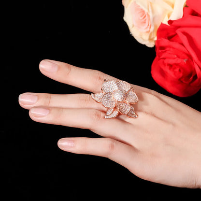 Elegant Luxurious Flower Copper Plating Inlay Zircon 14k Gold Plated Gold Plated Rhodium Plated Rings