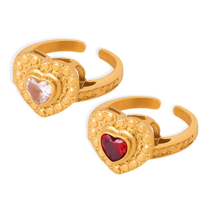 Elegant Luxurious Heart Shape Titanium Steel Plating Inlay Zircon 18k Gold Plated Open Rings